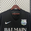 camisa-masculina-barcelona-barca-2023-24-nike-torcedor-preto-preta-prata-refletivel-balmain-paris-unicef-fcb-messi-neymar-suarez