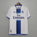 camisa-masculina-masculino-chelsea-away-reserva-2-2003-04-umbro-retro-branco-branca-preto-preta-azul-fly-emirates