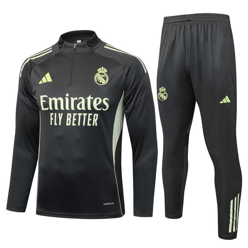 Conjunto de Treino Half Ziper Real Madrid 2025/26 - Adidas Jaqueta + Calça - Preta/Bege