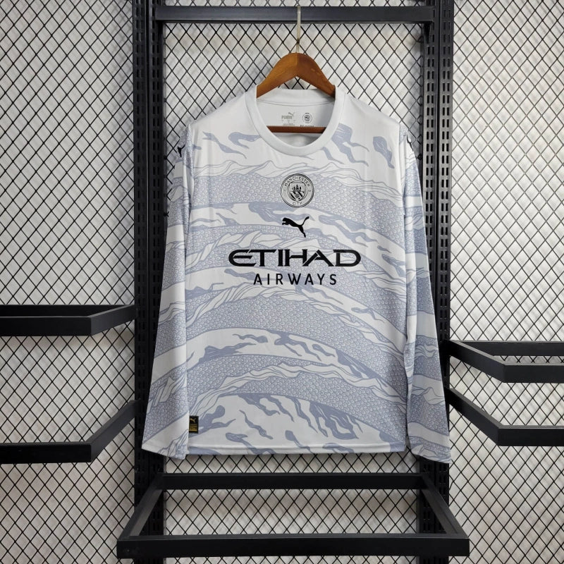 Camisa Manchester City Manga Longa Edição Dragão 2024/25 - Puma Torcedor Masculina - Branca/Cinza