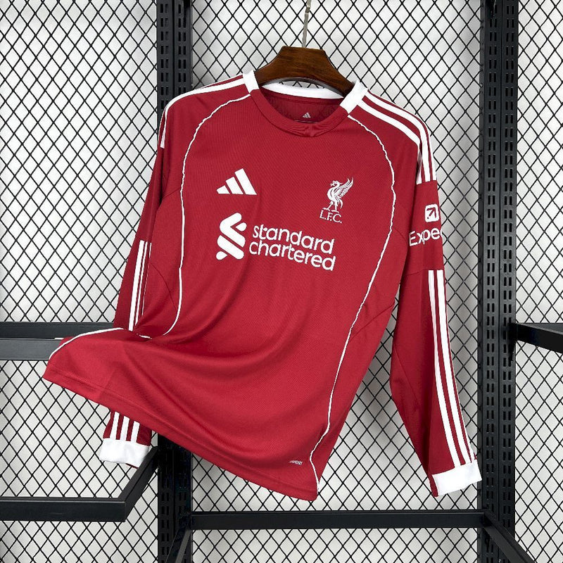 Camisa Manga Longa Liverpool Home 2025/26 - Adidas Torcedor Masculina - Vermelha/Branca