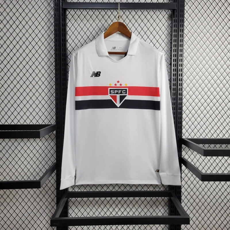 Camisa Manga Longa São Paulo Home 2024/25 - New Balace Torcedor Masculina - Branca/Vermelha