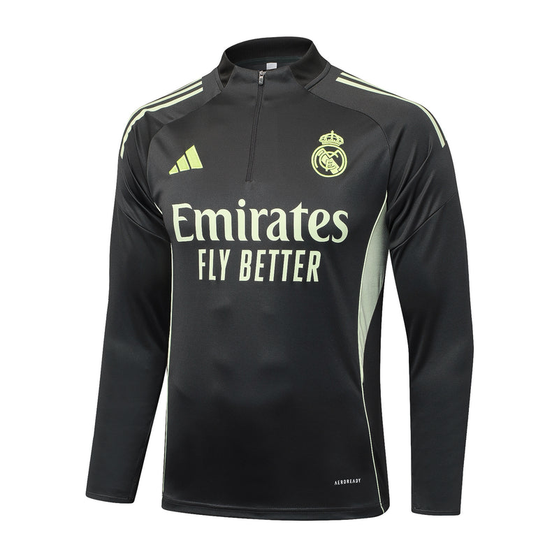 Conjunto de Treino Half Ziper Real Madrid 2025/26 - Adidas Jaqueta + Calça - Preta/Bege