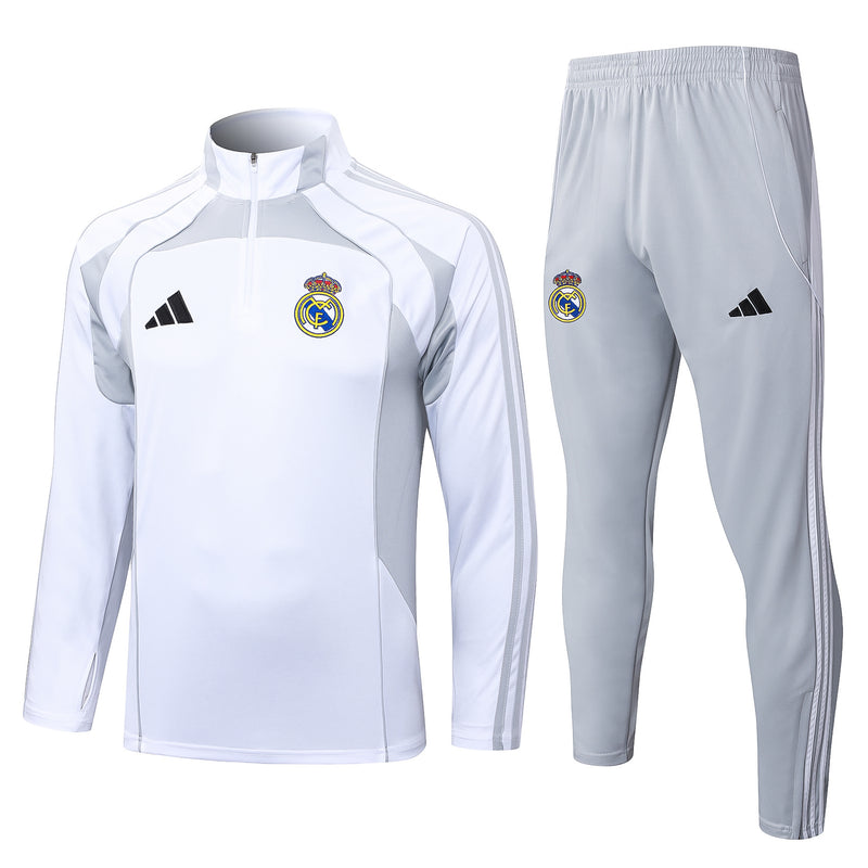 Conjunto Half Ziper Real Madrid 2025/26 - Adidas Jaqueta + Calça - Branca/Cinza