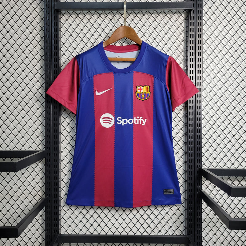 camisa-feminina-barcelona-barca-home-titular-1-2023-24-nike-torcedor-azul-vermelho-vermelha-spotify-fcb-messi-suarez-neymar- Lewandowski
