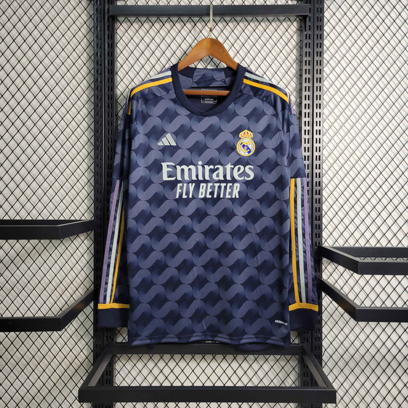 camisa-manga-longa-comprida-away-2-reserva-madrid-2023-24-adidas-emirates-fly-better-torcedor-masculina-masculino-azul-vini-jr-mbappe-rodrygo-modric-bellingham-endrick-valverde-carvajal-lucas-vasquez-kroos