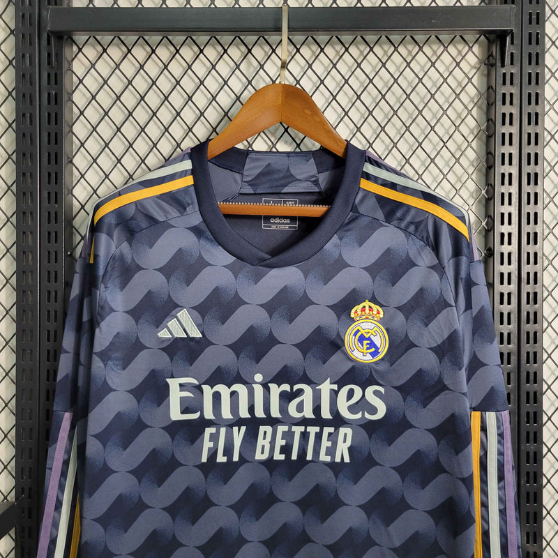 camisa-manga-longa-comprida-away-2-reserva-madrid-2023-24-adidas-emirates-fly-better-torcedor-masculina-masculino-azul-vini-jr-mbappe-rodrygo-modric-bellingham-endrick-valverde-carvajal-lucas-vasquez-kroos