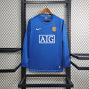 camisa-manga-longa-comprida-manchester-united-diabos-vermelhos-third-terceira-3-2008-09-nike-retro-masculina-masculino-aig-champions-league-mundial-branca-branco-azul-nani-cristiano-ronaldo-cr7-rooney-scholes-giggs-anderson-valencia-evra