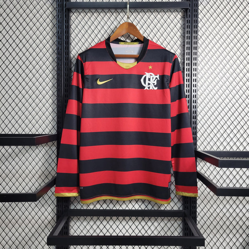 camisa-manga-longa-comprida-masculina-masculino-flamengo-mengo-fla-home-titular-1-2008-09-nike-retro-dourada-dourado-dorado-dorada-preto-preta-vermelha-vermelho-adriano-imperador
