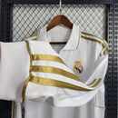 Camisa Manga Longa Pronta Entrega Real Madrid Home 2011/12 - Adidas Retrô Masculina - Branca/Dourada + Patchs Champions League