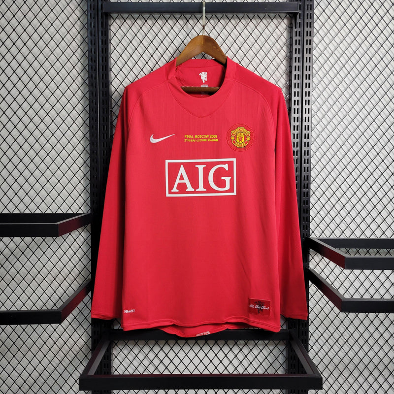 camisa-manga-longa-manchester-united-diabos-vermelhos-home-titular-1-2007-08-nike-retro-masculina-masculino-aig-final-moscow-2008-vermelha-vermelho-cristiano-ronaldo-cr7-tévez-rooney-giggs-evra