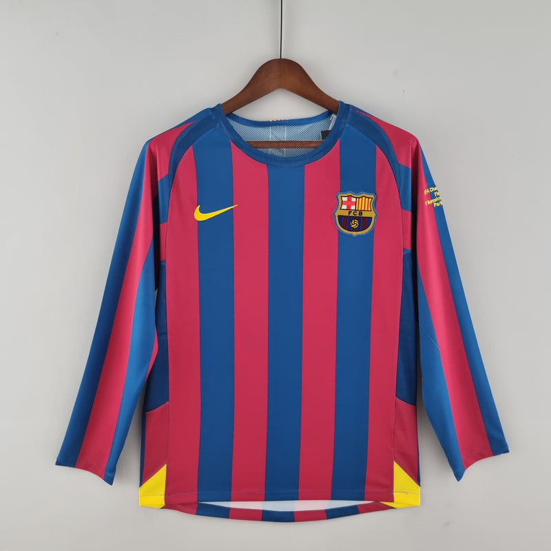 camisa-manga-longa-masculina-barcelona-barca-home-titular-1-2005-06-nike-torcedor-vermelha-amarela-amarelo-vermelho-azul-fcb-messi-neymar-ronaldinho
