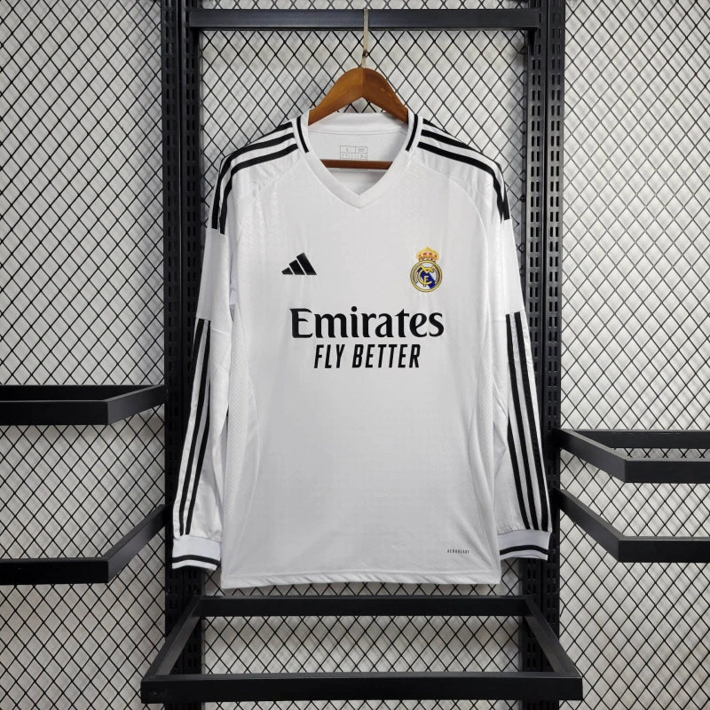 camisa-manga-longa-real-madrid-home-1-titular-2024-25-adidas-emirates-fly-better-torcedor-masculina-masculino-preto-preta-branco-branca-vini-jr-mbappe-rodrygo-modric-bellingham-endrick-valverde-camavinga-tchouameni-carvajal
