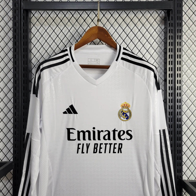 camisa-manga-longa-real-madrid-home-1-titular-2024-25-adidas-emirates-fly-better-torcedor-masculina-masculino-preto-preta-branco-branca-vini-jr-mbappe-rodrygo-modric-bellingham-endrick-valverde-camavinga-tchouameni-carvajal
