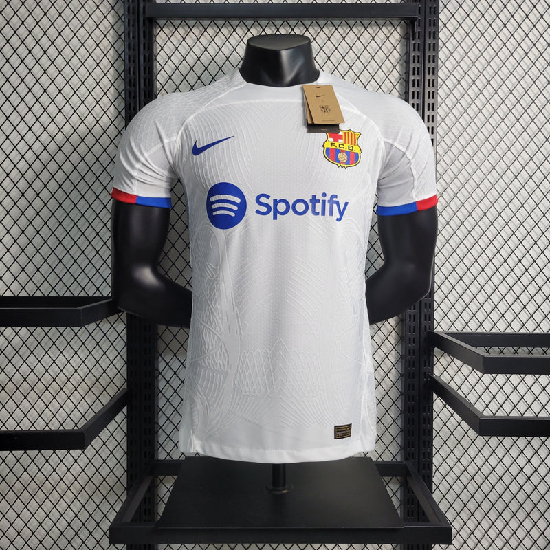 camisa-masculina-barcelona-barca-away-reserva-2-2023-24-nike-jogador-branca-branco-azul-vermelha-vermelho-spotify-unicef-fcb-messi-neymar-suarez