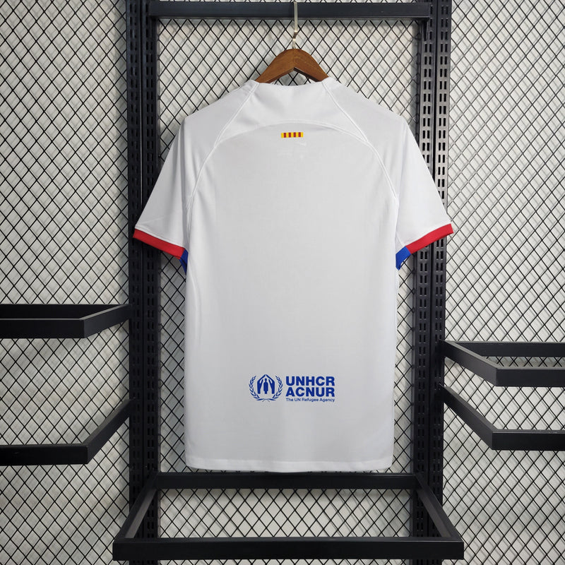 camisa-masculina-barcelona-barca-away-reserva-2-2023-24-nike-torcedor-branca-branco-azul-vermelha-vermelho-spotify-unicef-fcb-messi-neymar-suarez