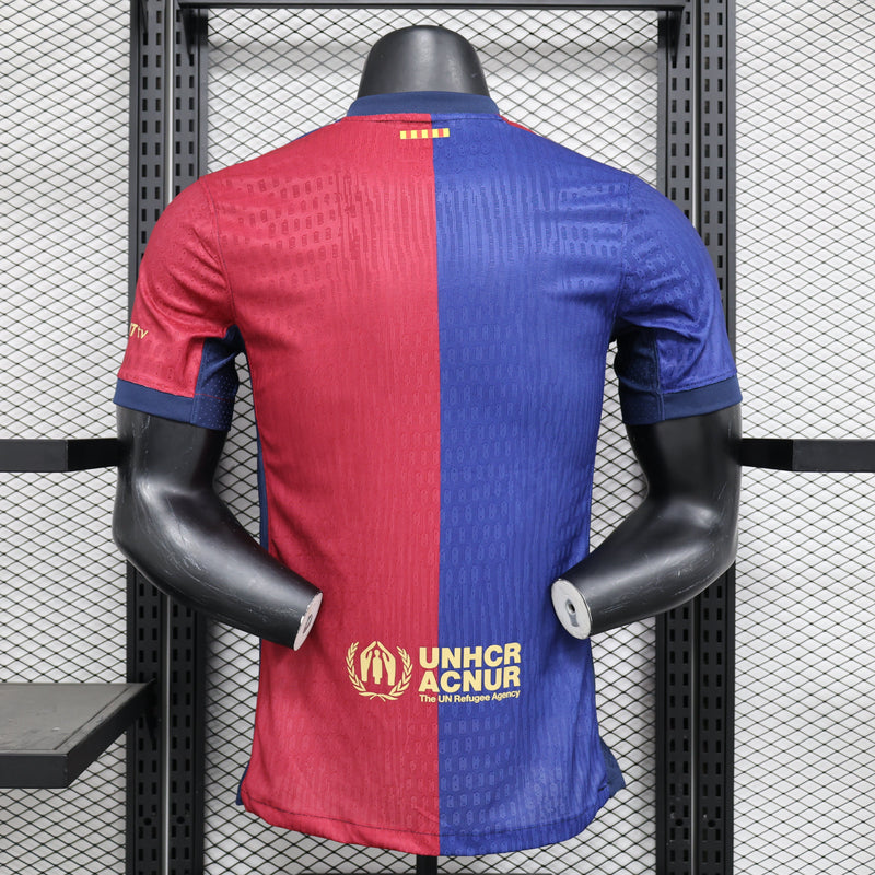 camisa-masculina-barcelona-barca-home-titular-1-2024-25-nike-jogador-vermelho-vermelha-azul-spotify-unicef-fcb-messi-neymar-suarez
