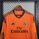 camisa-masculina-manga-longa-away-reserva-2-real-madrid-madri-2013-14-adidas-retro-preto-preta-ronaldo-cr7-bale-kroos-benzema-fly-emirates-laranja-gola-v