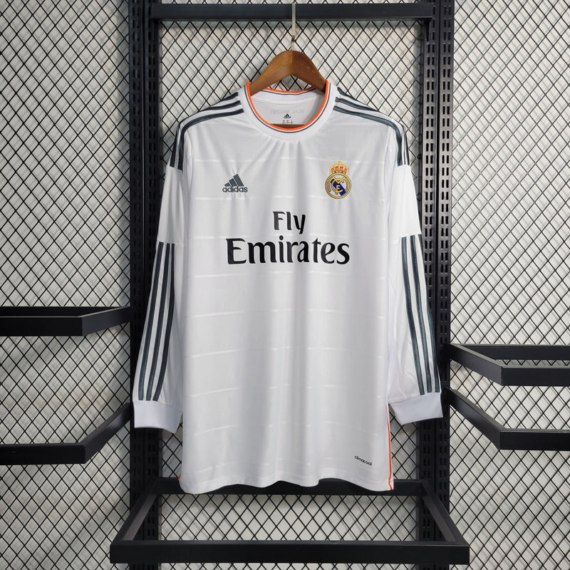 camisa-masculina-manga-longa-home-titular-1-real-madrid-madri-2013-14-adidas-retro-branco-branca-preto-preta-ronaldo-cr7-fly-emirates-laranja