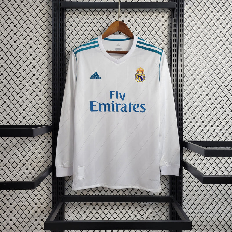 camisa-masculina-manga-longa-real-madrid-madri-home-titular-1-2017-18-adidas-retro-azul-branco-branca-ronaldo-cr7-kroos-fly-emirates
