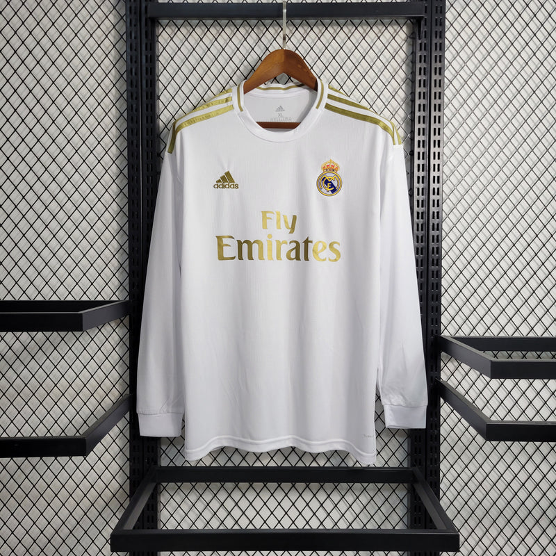 camisa-masculina-manga-longa-real-madrid-madri-home-titular-1-2019-20-adidas-retro-dourado-dourada-dorada-dorado-branca-branco-ronaldo-kroos-vini-jr-hazard-cr7-fly-emirates