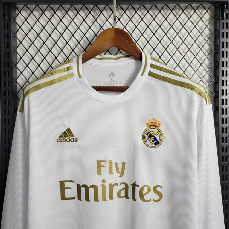 camisa-masculina-manga-longa-real-madrid-madri-home-titular-1-2019-20-adidas-retro-dourado-dourada-dorada-dorado-branca-branco-ronaldo-kroos-vini-jr-hazard-cr7-fly-emirates