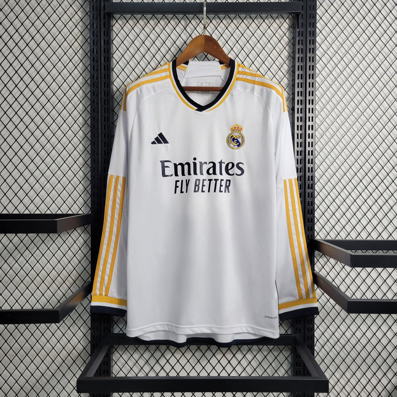 camisa-masculina-manga-longa-real-madrid-madri-home-titular-1-2023-24-adidas-retro-amarelo-amarela-branca-branco-ronaldo-kroos-vini-jr-cr7-fly-emirates-better