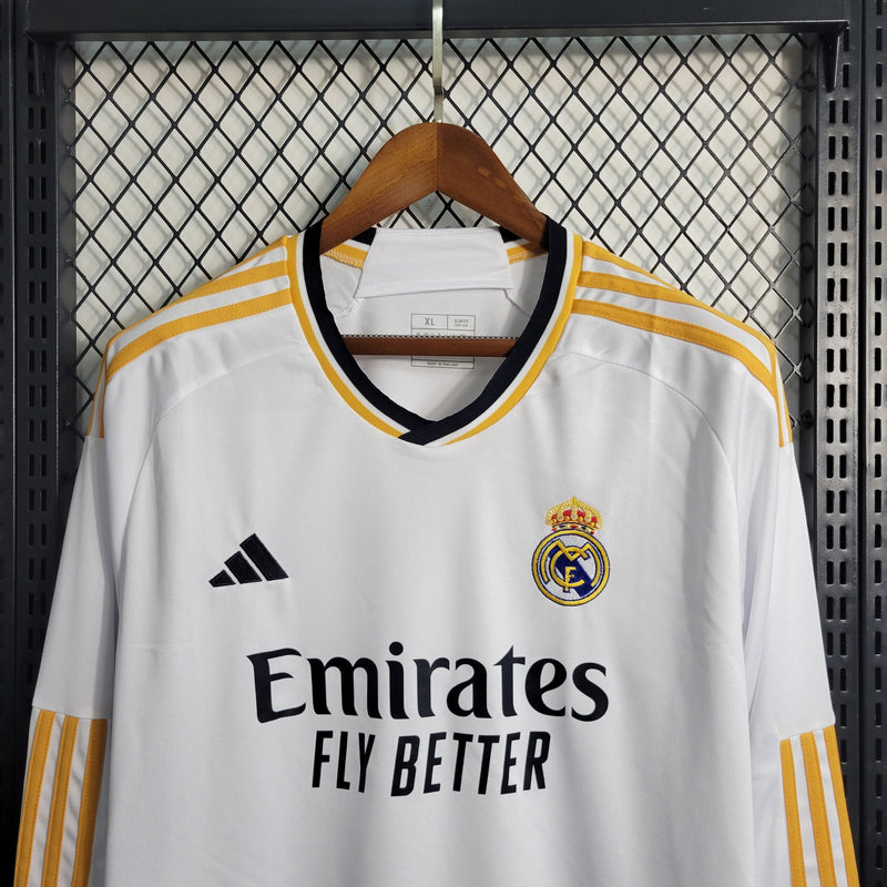 camisa-masculina-manga-longa-real-madrid-madri-home-titular-1-2023-24-adidas-retro-amarelo-amarela-branca-branco-ronaldo-kroos-vini-jr-cr7-fly-emirates-better