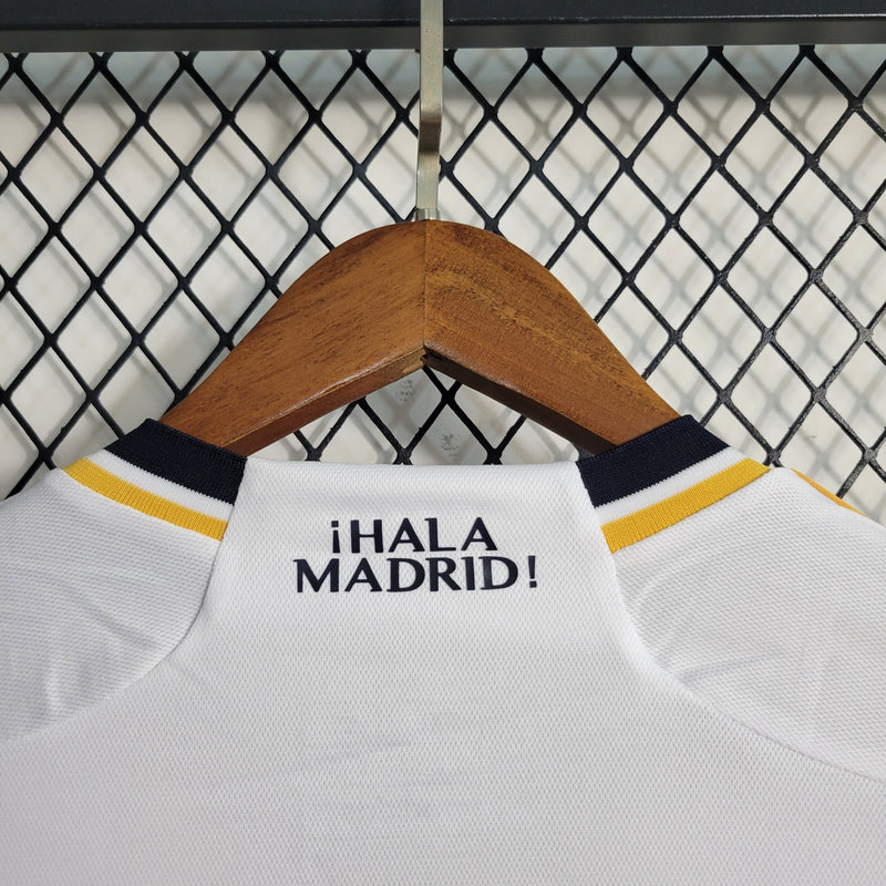 camisa-masculina-manga-longa-real-madrid-madri-home-titular-1-2023-24-adidas-retro-amarelo-amarela-branca-branco-ronaldo-kroos-vini-jr-cr7-fly-emirates-better