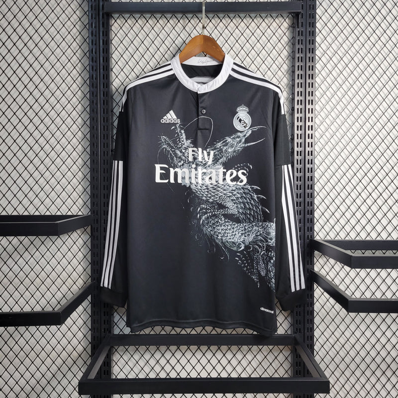 camisa-masculina-manga-longa-third-terceira-3-real-madrid-madri-2014-15-adidas-retro-preto-preta-branca-branco-ronaldo-cr7-bale-kroos-benzema-fly-emirates