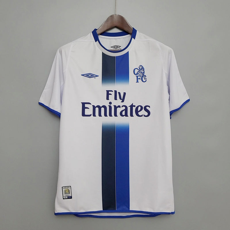 camisa-masculina-masculino-chelsea-away-reserva-2-2003-04-umbro-retro-branco-branca-preto-preta-azul-fly-emirates

