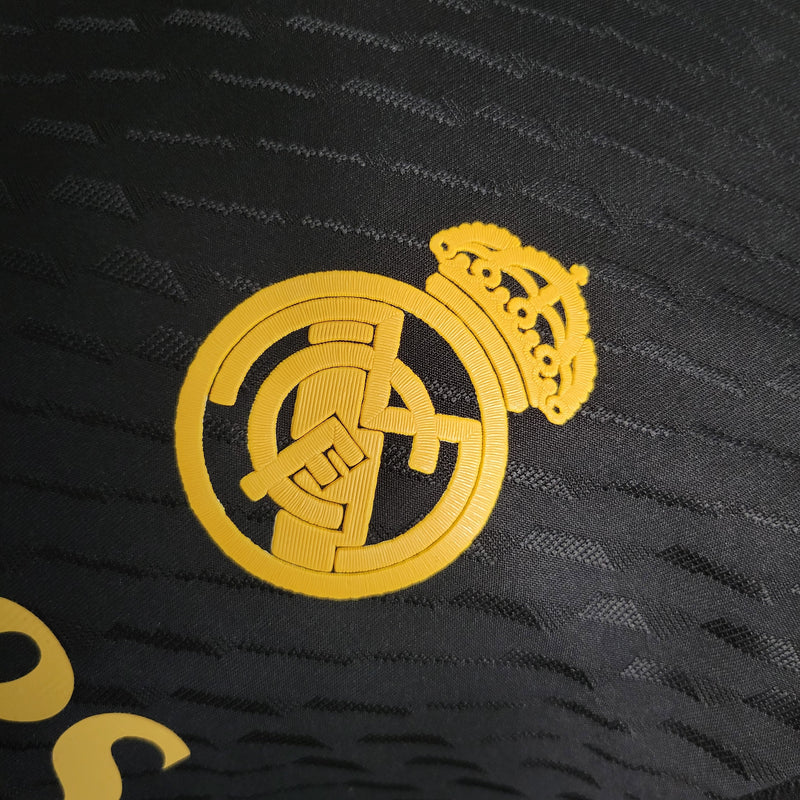 camisa-masculina-real-madrid-madri-third-3-terceira-2023-24-adidas-jogador-amarelo-amarela-preto-preta-ronaldo-vini-jr-kroos-cr7-fly-emirates-better