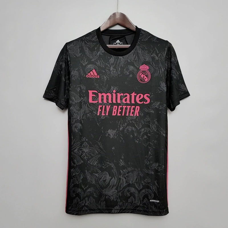 camisa-masculina-real-madrid-madri-third-3-terceira-torcedor-adidas-2020-21-preto-preta-rosa-cr7-ronaldo-benzema-vini-jr-kroos-fly-better-emirates
