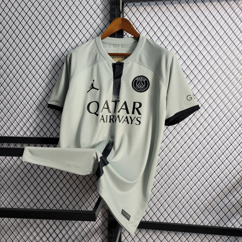 camisa-psg-paris-saint-germain-away-2-reserva-2022-23-jordan-torcedor-masculina-masculino-preto-preta-cinza-neymar-jr-ney-messi-lionel-mbappe-goat-qatar-airways