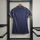 camisa-real-madrid-madri-away-2-reserva-2023-24-adidas-feminina-azul-laranja-ronaldo-vini-jr-kroos-cr7-fly-emirates-better