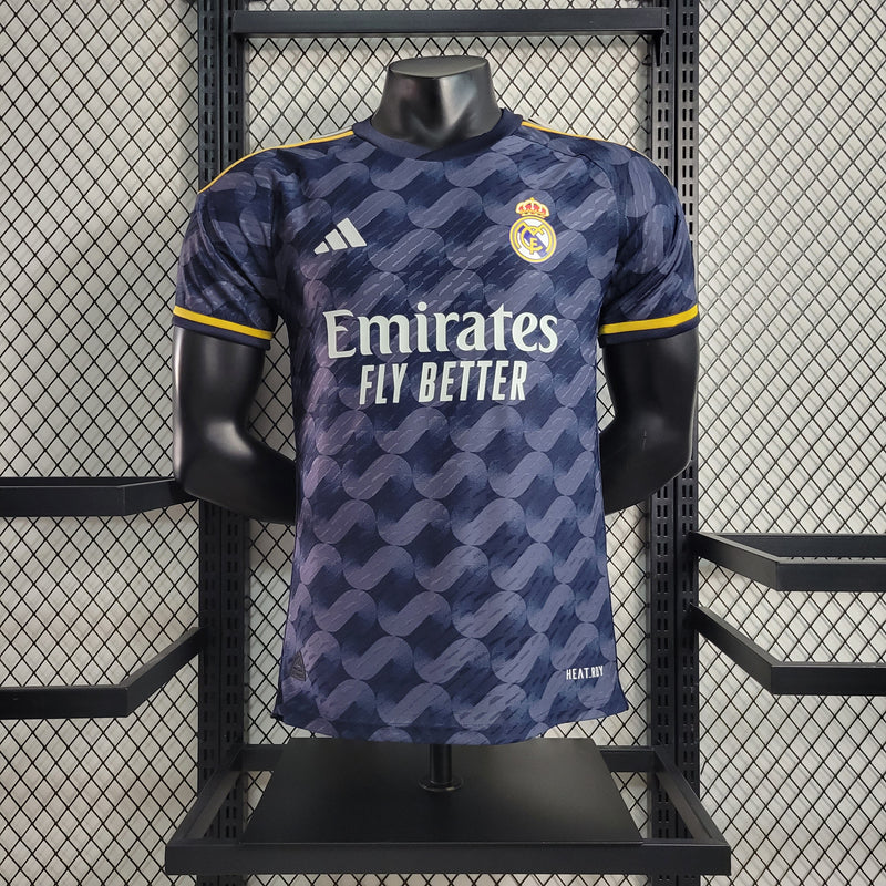camisa-real-madrid-madri-away-2-reserva-jogador-adidas-2023-24-azul-laranja-cr7-ronaldo-vini-jr-kroos-emirates-fly-better
