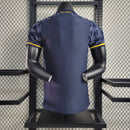 camisa-real-madrid-madri-away-2-reserva-jogador-adidas-2023-24-azul-laranja-cr7-ronaldo-vini-jr-kroos-emirates-fly-better