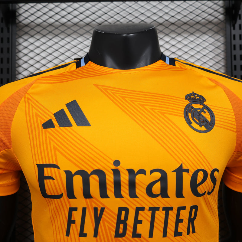 camisa-real-madrid-madri-away-2-reserva-jogador-adidas-2024-25-preto-preta-laranja-cr7-ronaldo-vini-jr-mbappe-emirates-fly-better