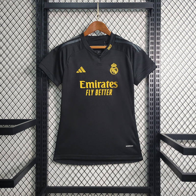 camisa-real-madrid-madri-third-3-terceira-2023-24-adidas-feminina-preto-amarelo-preta-ronaldo-vini-jr-kroos-cr7-fly-emirates-better-amarela