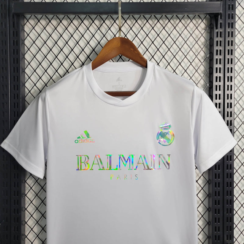 camisa-real-madrid-madri-torcedor-adidas-2023-24-branco-branca-prata-refletivel-cr7-ronaldo-vini-jr-kroos-balmain-paris
