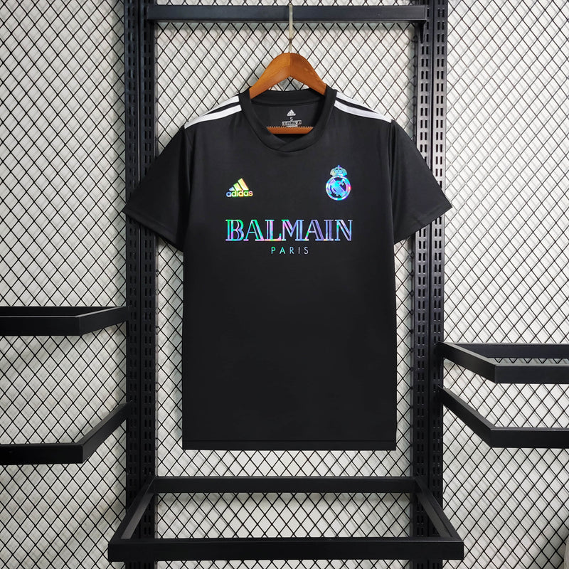 camisa-real-madrid-madri-torcedor-adidas-2023-24-preto-preta-prata-refletivel-cr7-ronaldo-vini-jr-kroos-balmain-paris