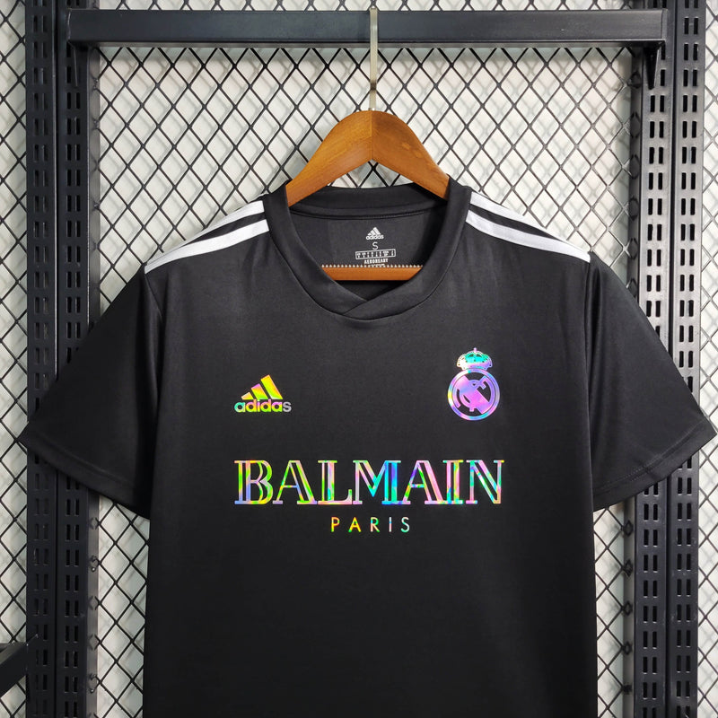 camisa-real-madrid-madri-torcedor-adidas-2023-24-preto-preta-prata-refletivel-cr7-ronaldo-vini-jr-kroos-balmain-paris