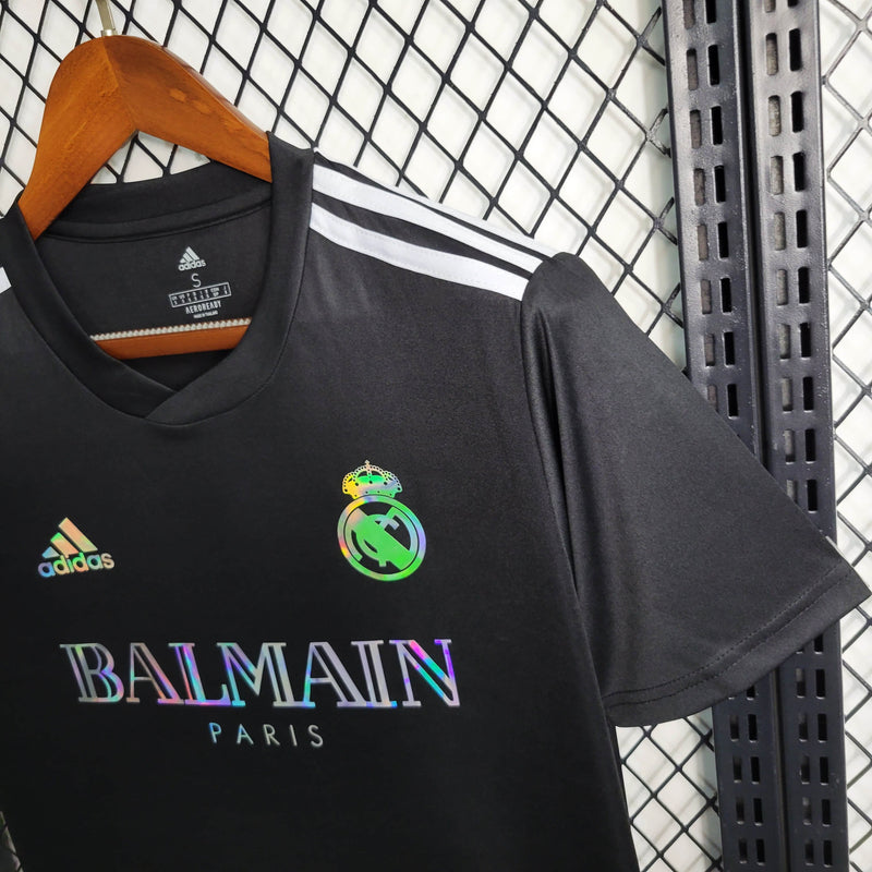 camisa-real-madrid-madri-torcedor-adidas-2023-24-preto-preta-prata-refletivel-cr7-ronaldo-vini-jr-kroos-balmain-paris