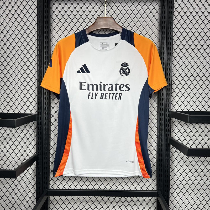 camisa-real-madrid-madrid-treino-2024-25-adidas-emirates-fly-better-torcedor-masculina-masculino-branca-branco-azul-laranja-vini-jr-mbappe-rodrygo-modric-bellingham-asencio-endrick-valverde-alaba-camavinga-tchouameni-carvajal-lucas-vasquez
