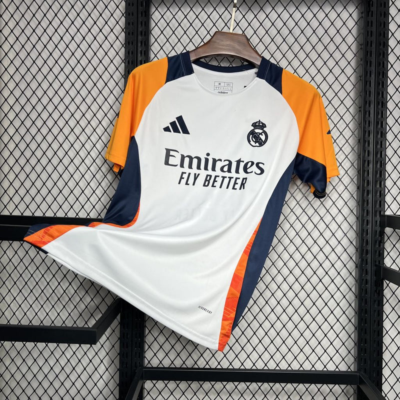 camisa-real-madrid-madrid-treino-2024-25-adidas-emirates-fly-better-torcedor-masculina-masculino-branca-branco-azul-laranja-vini-jr-mbappe-rodrygo-modric-bellingham-asencio-endrick-valverde-alaba-camavinga-tchouameni-carvajal-lucas-vasquez
