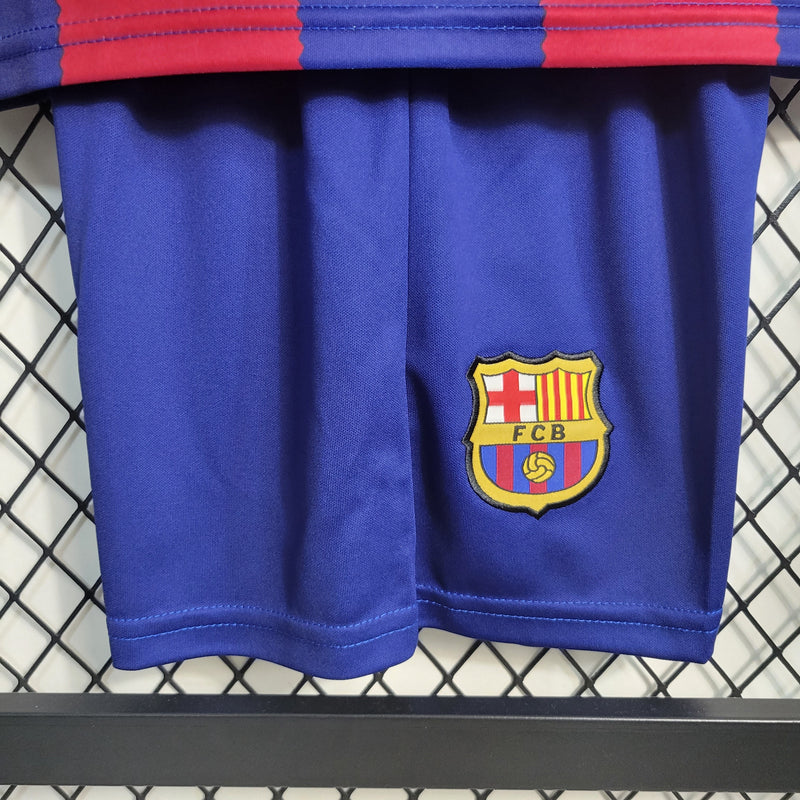 conjunto-kit-infaltil-kids-barcelona-barca-home-titular-1-2023-24-nike-torcedor-vermelha-vermelho-azul-fcb-spotify-messi-neymar
