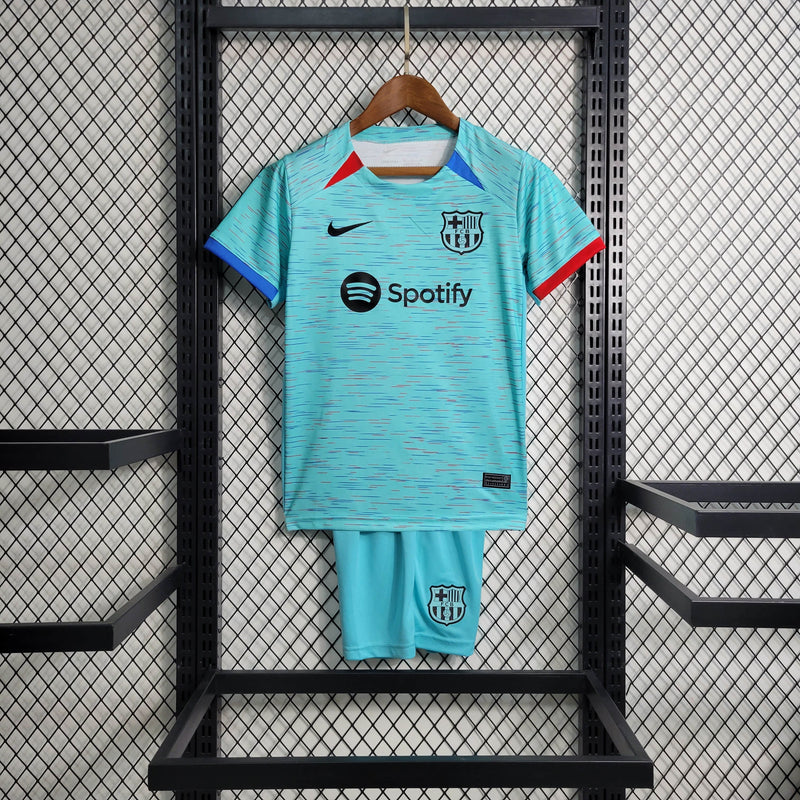 conjunto-kit-infaltil-kids-masculina-barcelona-barca-third-terceira-3-2023-24-nike-torcedor-vermelha-vermelho-verde-azul-fcb-spotify-messi-neymar
