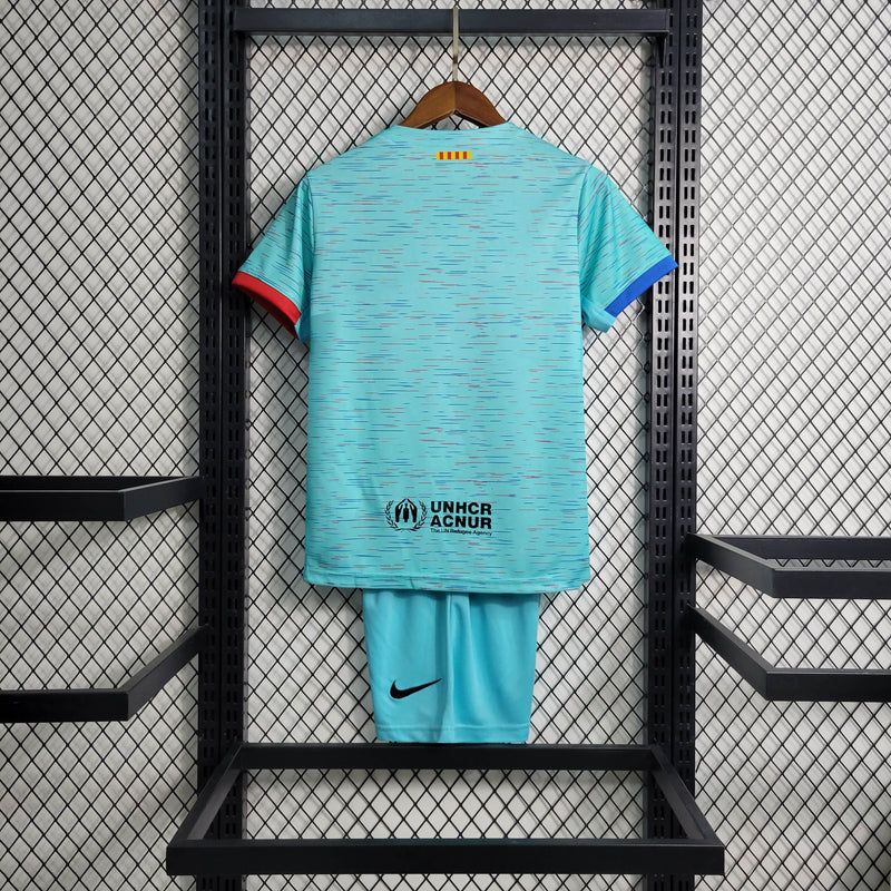 conjunto-kit-infaltil-kids-masculina-barcelona-barca-third-terceira-3-2023-24-nike-torcedor-vermelha-vermelho-verde-azul-fcb-spotify-messi-neymar
