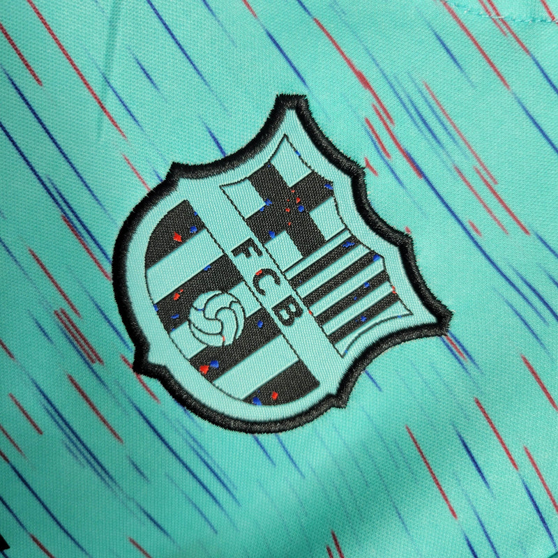 conjunto-kit-infaltil-kids-masculina-barcelona-barca-third-terceira-3-2023-24-nike-torcedor-vermelha-vermelho-verde-azul-fcb-spotify-messi-neymar
