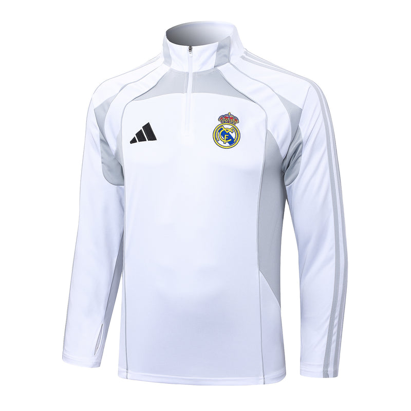 Conjunto Half Ziper Real Madrid 2025/26 - Adidas Jaqueta + Calça - Branca/Cinza